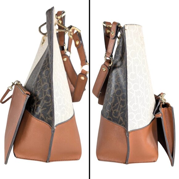 Calvin Klein Signature Sonoma Brown White Colorblock Tote w/Brow Zip Wristlet - Picture 4 of 10